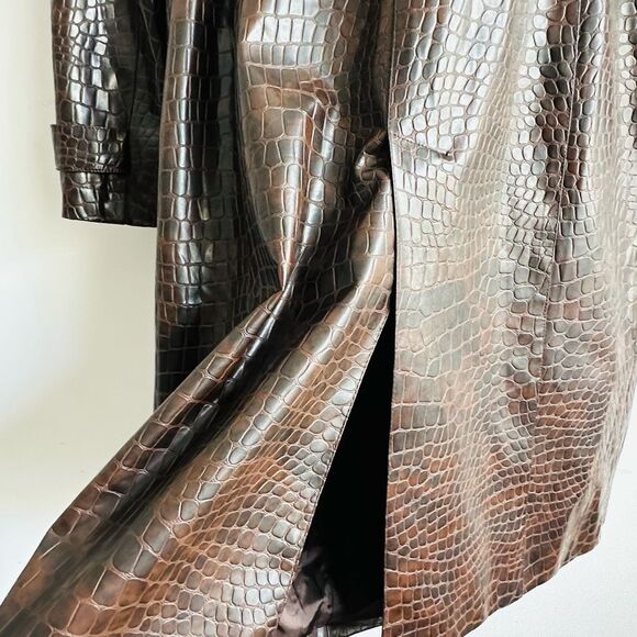 Vintage 90s Y2K ZARA Woman Crocodile Print Trench Coat Brown Alligator Embossed - Picture 9 of 10